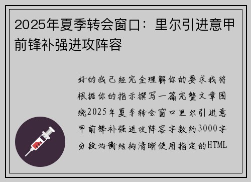 2025年夏季转会窗口：里尔引进意甲前锋补强进攻阵容