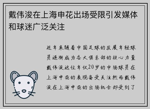 戴伟浚在上海申花出场受限引发媒体和球迷广泛关注 戴伟浚在上海申花出场受限引发媒体和球迷广泛关注